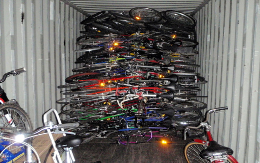 Inside the 'Big Bike Give' Container. Bikes bound for Uganda!