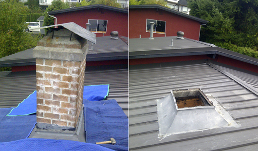 The before and after of the uppermost portion of the chimney.
