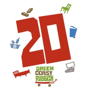 Large red number 20 surrounded by icons of recyclable items, furniture, electronics, a recycling bin, and junk removal. Below, Green Coast Rubbish is written in green, yellow, and white text.